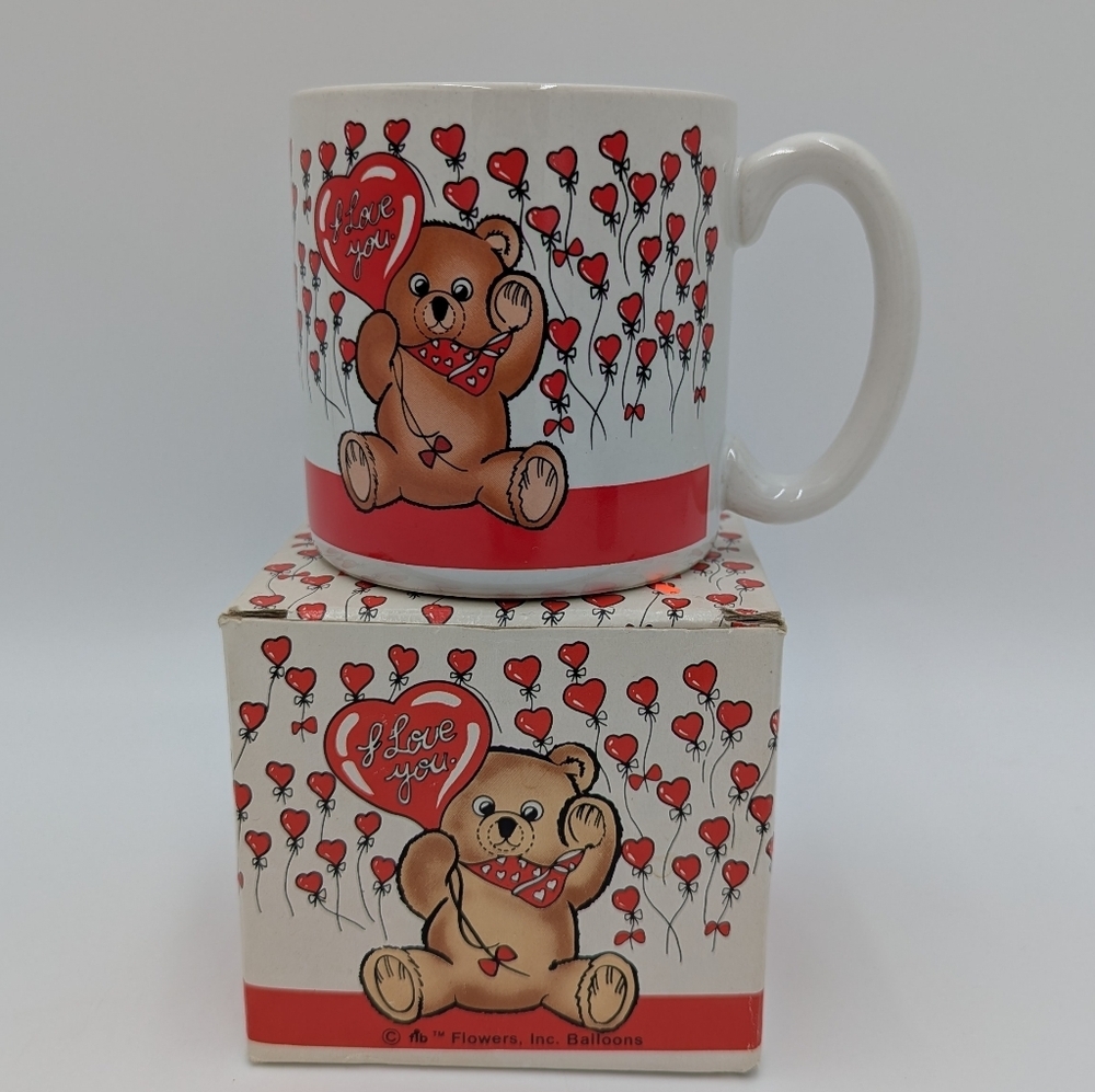 Vintage Flowers Inc Balloons I Love You Teddy Bear Mug In Box Romantic Valentine